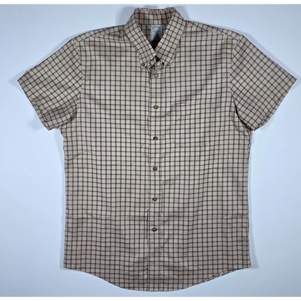 Brooks Brothers Milano Non-Iron Shirt Mens Large Tan Tattersall Supima Cotton SS